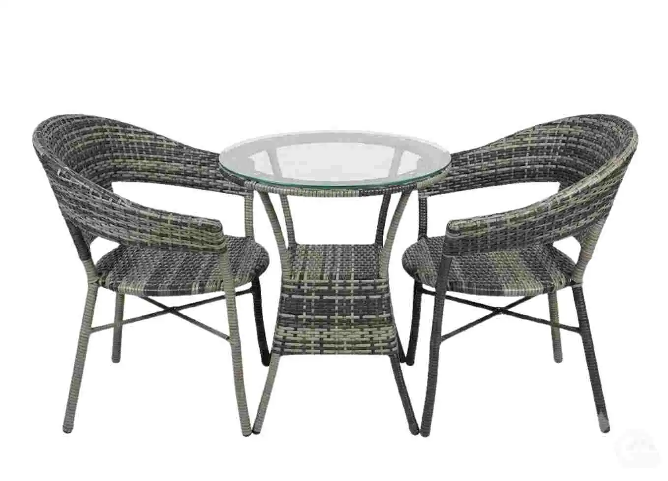 round rattan bistro set with a glass-top table.