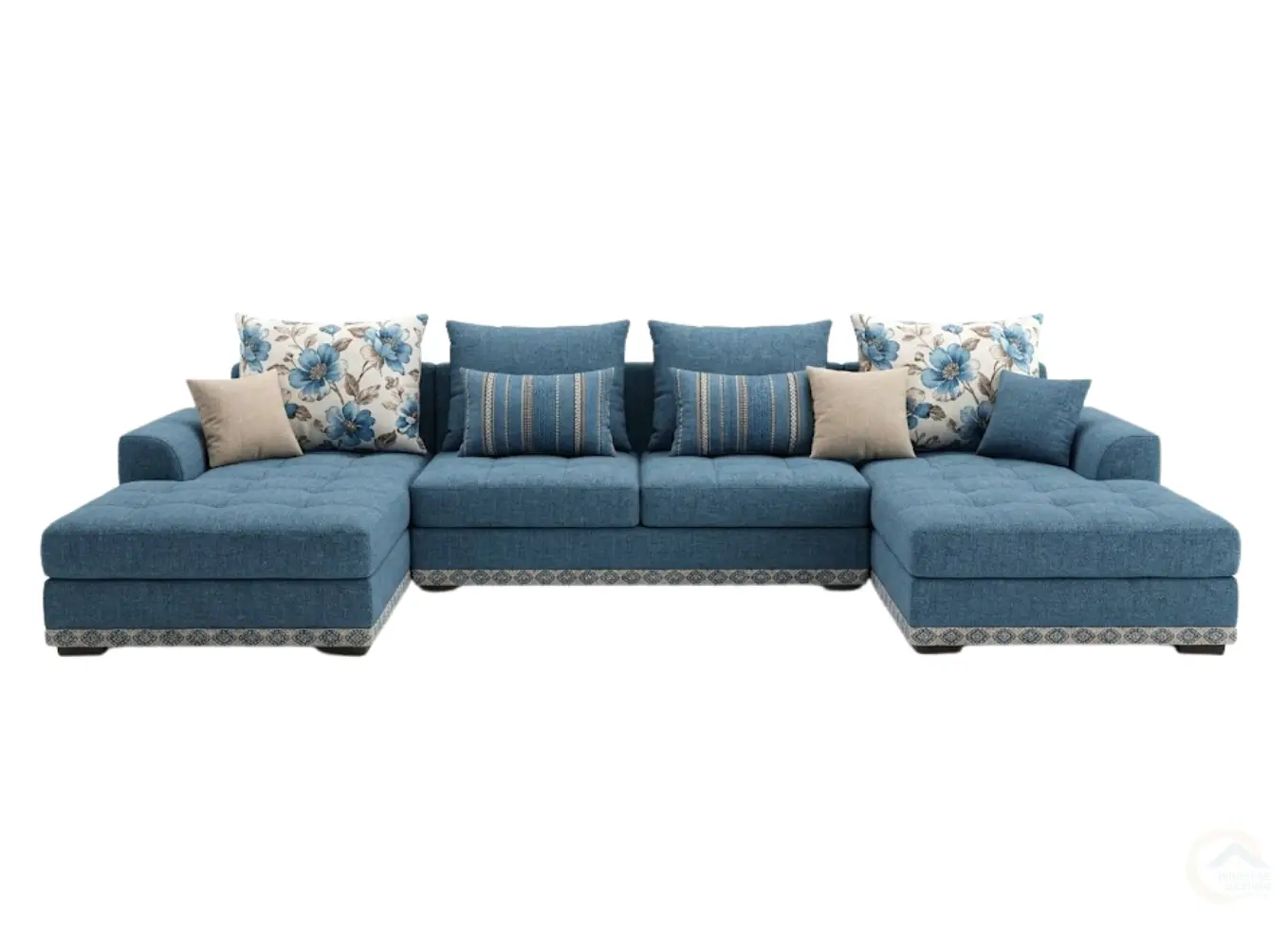 Blue Fabric Sofa Set Large U-Shaped Double Chaise Sectional Couch